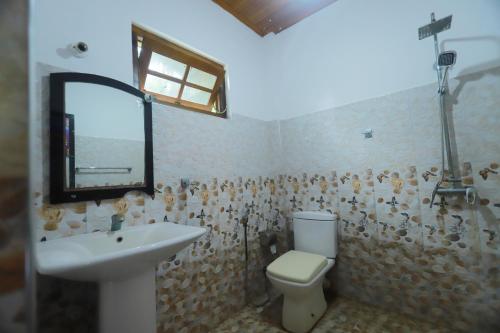 ein Badezimmer mit einem Waschbecken, einem WC und einem Spiegel in der Unterkunft The Green Heaven Resort in Sigiriya