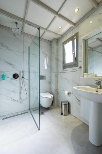 a bathroom with a shower and a sink and a toilet at Palladium hotel in Marmari