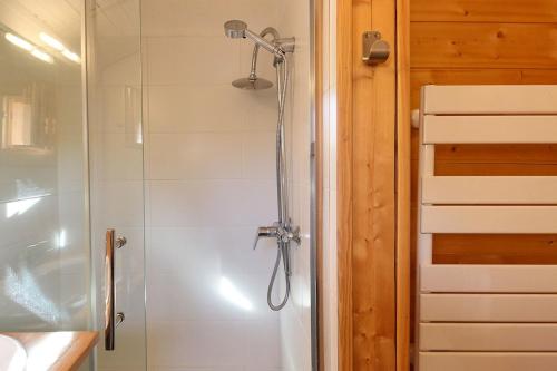 a bathroom with a shower with a glass door at Le Petite Chalet Tourmente in Chamonix-Mont-Blanc