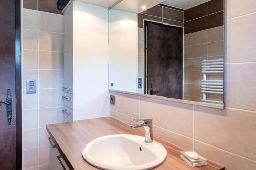une salle de bain avec un lavabo et un miroir dans l'établissement Les Marmottes - Renovated and cozy apart - View of the mountains, aux Houches