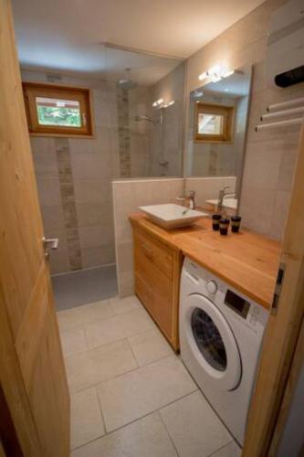 une salle de bain avec un lavabo et une machine à laver dans l'établissement Le Lac - Servoz - Appartement paisible de 70m², aux Houches
