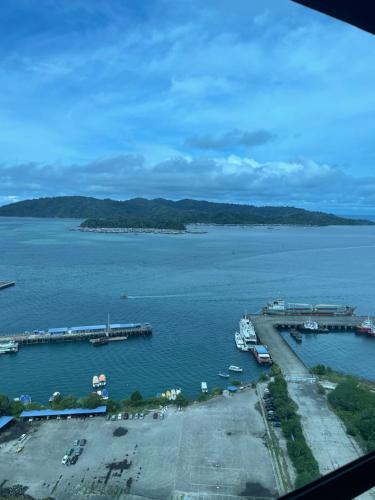an aerial view of a large body of water at Petronella Suites Apartment @ Jesselton Quay in Kota Kinabalu