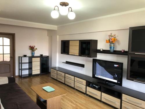 比什凱克的住宿－Elegant 3-room apartment near iMall: Kievskaja Street，客厅配有平面电视和沙发。
