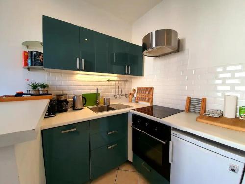 a kitchen with green cabinets and a sink at Freshly tastefully renovated apartments in heart of old Antibes in Antibes