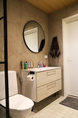 a bathroom with a white toilet and a mirror at Modern semi-detached house with wonderful location! in Rovaniemi