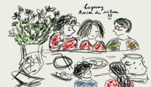 a drawing of a group of people sitting at a table at Maison de Hill Home in Dồng Văn