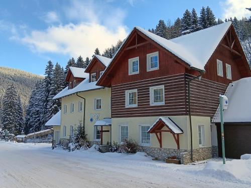 a large house with snow on the ground at Apartmány Lékařský dům in Pec pod Sněžkou