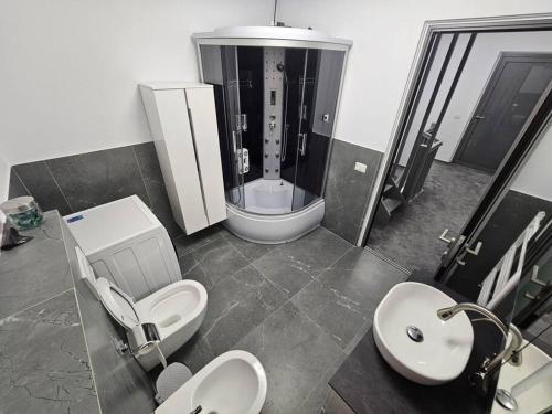 a bathroom with a sink and a toilet and a sink at Comfy & Cozy Apartament 2 in Rădăuţi