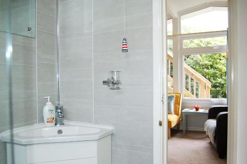 bagno con lavandino bianco in camera di Bryniau Gwyrdd Chalet 11 Happy Valley a Tywyn