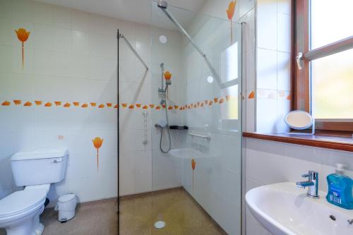 un bagno con doccia, WC e lavandino di Farm Cottage - Kirkby-In-Furness, ideal for the Central Lake District a Soutergate
