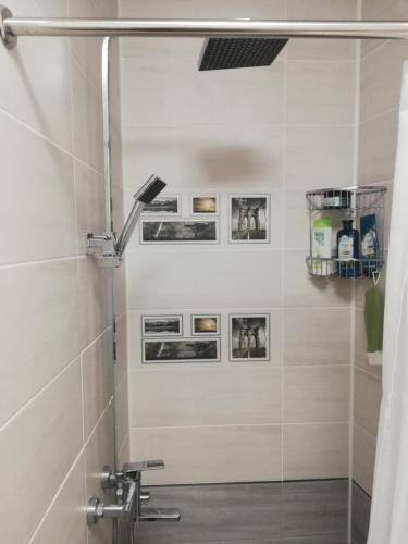 W łazience znajduje się prysznic ze szklanymi drzwiami. w obiekcie VIP apart 505 w mieście Tsqnetʼi