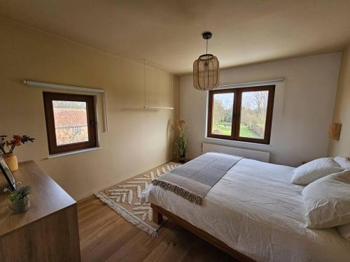 a bedroom with a large bed and two windows at BNB Green refuge: Vakantiehuis met zeer grote tuin in Londerzeel