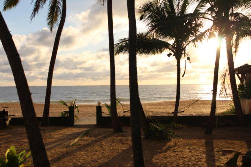 a view of the beach from a resort with palm trees at PRANA Beach Hotel Hikkaduwa in Hikkaduwa