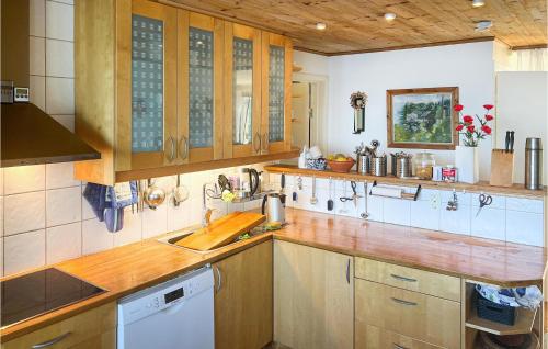 にあるAwesome Home In Vikbolandet With House Sea Viewのキッチン(木製キャビネット、カウンタートップ付)