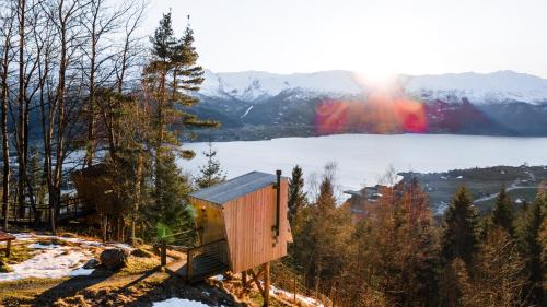 a cabin in the woods with a view of a lake at Engeset Trehytter in Vereide
