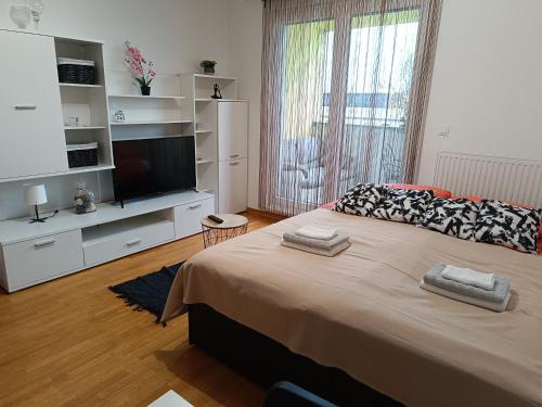 1 dormitorio con 1 cama grande y TV de pantalla plana en Apartman Tino en Zagreb