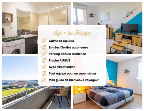a collage of photos of a room with a sign at Le Beluga – Appartement proche Airbus in Colomiers