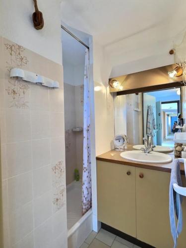 une salle de bain avec un lavabo, un miroir et une douche dans l'établissement Virg, à Valras-Plage