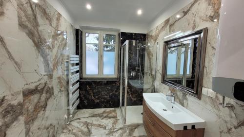 een badkamer met een wastafel, een douche en een raam bij VIENNA Premium Apartments in Wenen
