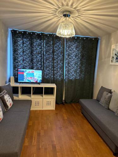 ein Wohnzimmer mit einem Sofa und einem TV in der Unterkunft Coser Apartamenty ONZ in Warschau