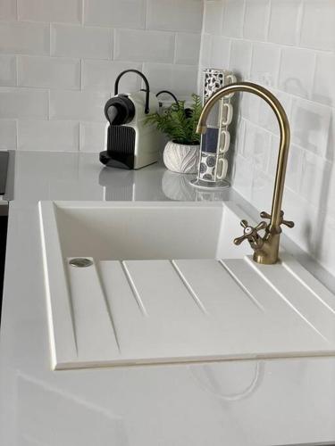 - un évier de cuisine avec un robinet sur un comptoir dans l'établissement Le Bluemoon, studio de charme refait à neuf, à Boulogne-sur-Mer