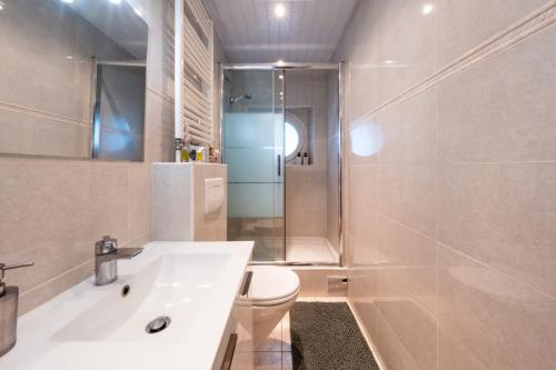 une salle de bain avec toilettes, lavabo et douche dans l'établissement Le Saint Louis 2 Cœur Ville bord de Loire commerces à pied, à Gien