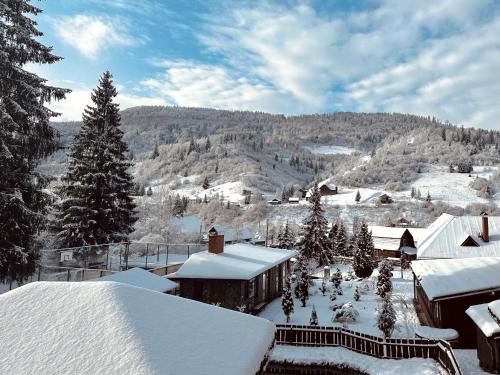 a town covered in snow with trees and buildings at Chalet Filvarok in Slavske