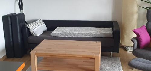 a living room with a black couch and a coffee table at Alpenblick in Leutkirch im Allgäu