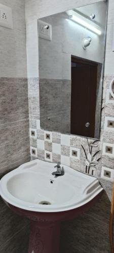 a bathroom with a white sink and a mirror at Raagabynature home stay in Gendehalli