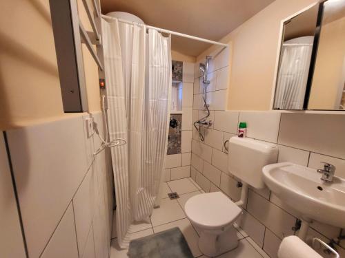 uma casa de banho com um WC, um chuveiro e um lavatório. em Secret Garden Apartman em Budapeste
