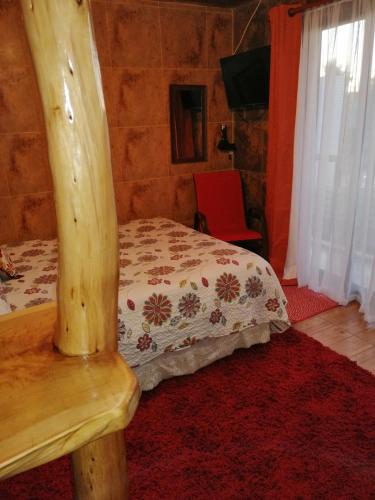 Departamentos Centro Pichilemu في بتشيلمو: غرفة نوم بسرير وكرسي احمر