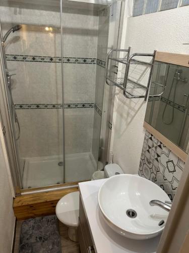 une salle de bain avec une douche, un lavabo et des toilettes dans l'établissement Appartement Climatisé La Gallinette, à Perpignan