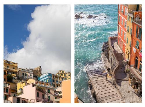 a collage of two pictures of the ocean and buildings at Alla Marina Affittacamere in Riomaggiore