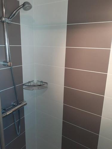 une salle de bain avec une douche avec une porte vitrée dans l'établissement Appartement 3 Pièces 5 couchages Plage Richelieu CAP D'AGDE, au Cap d'Agde