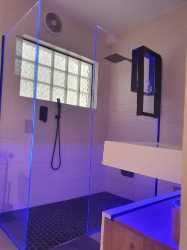 a bathroom with a shower with a glass door at Sunset Retreat at Bay Point in Cape Town