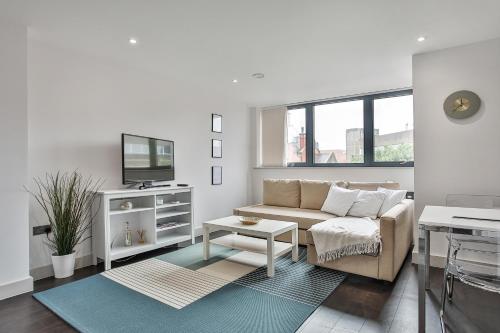 Apartments in Sheffield في شيفيلد: غرفة معيشة مع أريكة وتلفزيون