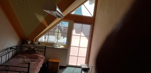 a bedroom with a bed and a large window at Alpenblick in Leutkirch im Allgäu
