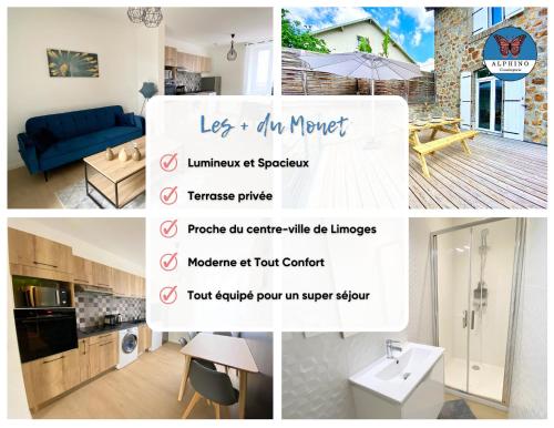 eine Collage mit Fotos von einer Küche und einem Wohnzimmer in der Unterkunft Le Monet, spacieux avec terrasse privée in Limoges