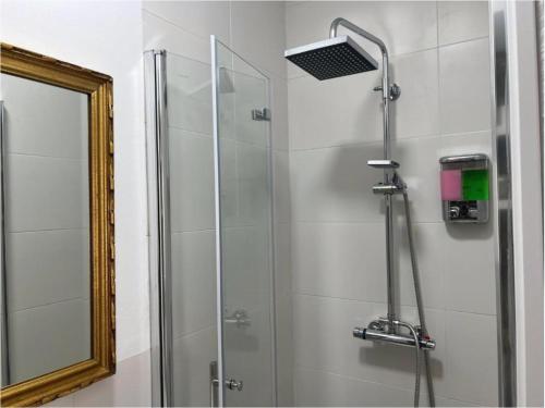 a shower with a glass door and a mirror at APARTAMENTO URQUÍA in Córdoba