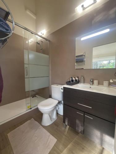 une salle de bain avec toilettes, lavabo et miroir dans l'établissement Eden Rochegude, à Rochegude