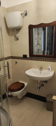 a bathroom with a toilet and a sink and a mirror at Spritz's Home in Castel di Sangro
