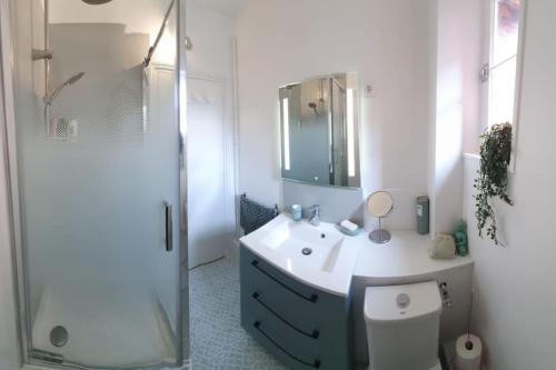 a bathroom with a sink and a toilet and a mirror at T2 Hypercentre à 200 m de la plage in Villers-sur-Mer