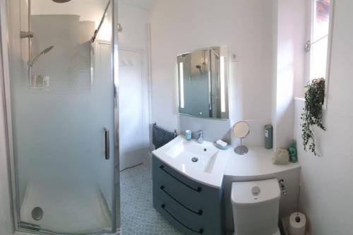une salle de bain avec un lavabo, des toilettes et un miroir dans l'établissement T2 Hypercentre à 200 m de la plage, à Villers-sur-Mer