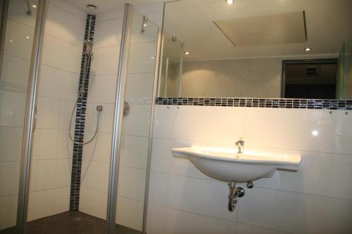 La salle de bains est pourvue d'un lavabo et d'une douche. dans l'établissement Hotel Fortune, à Cologne