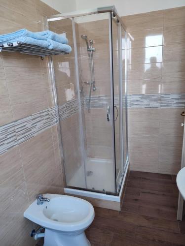 a bathroom with a shower and a toilet and a sink at ALO ALO ALBERGO in Casteggio