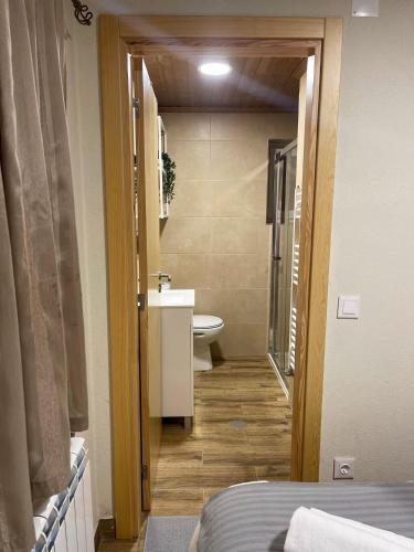 a bathroom with a sink and a toilet in a room at Casa Azul Serra da Estrela in Penhas da Saúde