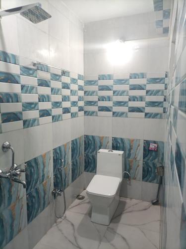 a bathroom with a toilet and blue and white tiles at Hamro Ghar Farmstay in Darjeeling