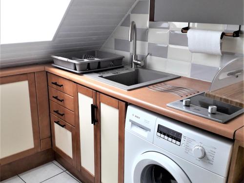 ヴィラール・ド・ランにあるDuplex T3 au cœur du village avec balcon - Villard-de-Lans - FR-1-761-31のシンクと洗濯機付きのキッチン