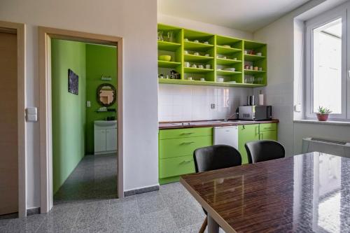 a kitchen with green cabinets and a table at Apartmány Gulliver in Mikulov