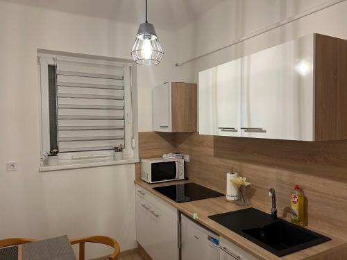 eine Küche mit einer Spüle und einer Mikrowelle in der Unterkunft CentROOM Nagykanizsa in Nagykanizsa